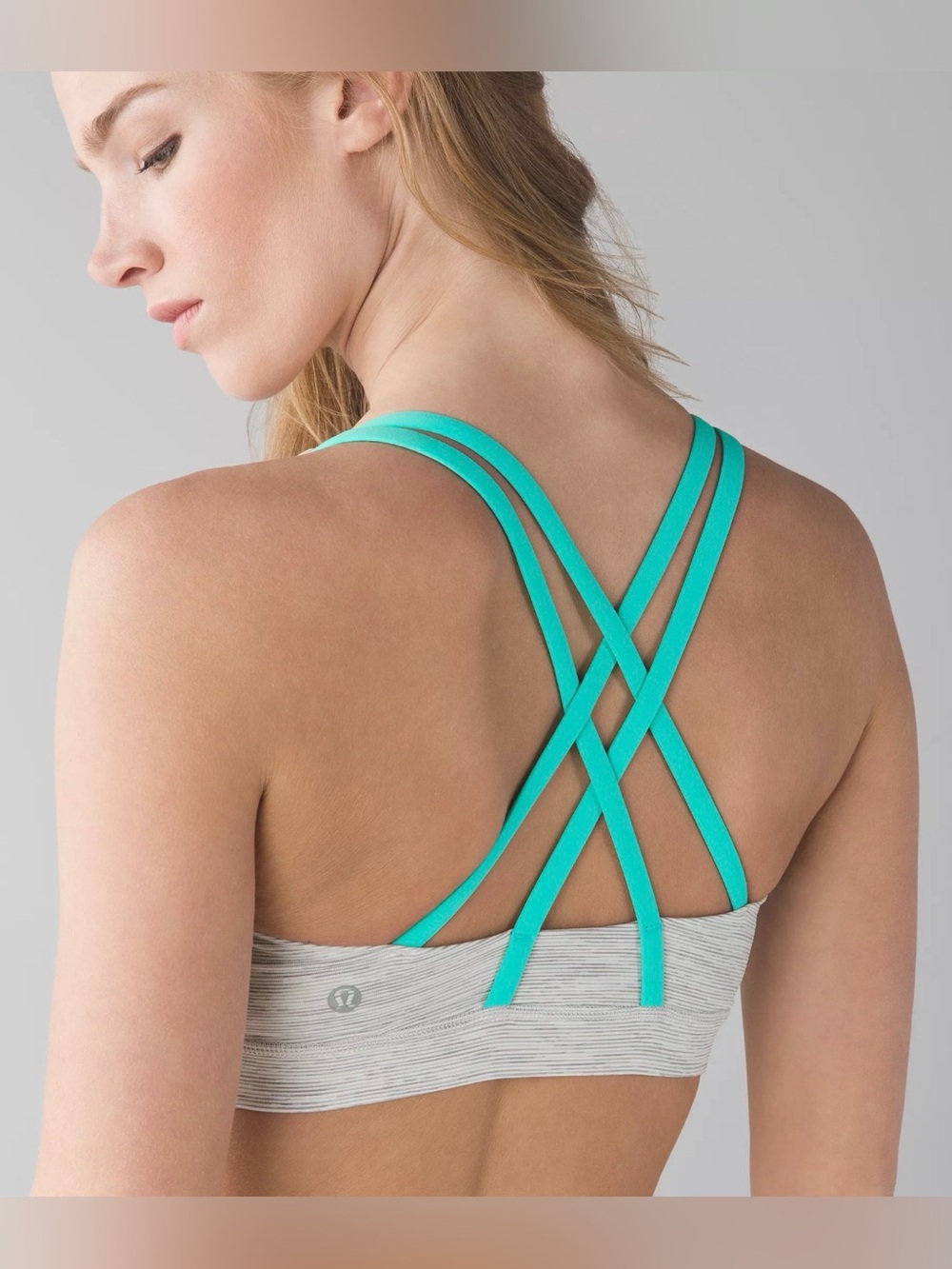 Lululemon size 6 Women’s Heather Gray Sports Bra with Teal Straps